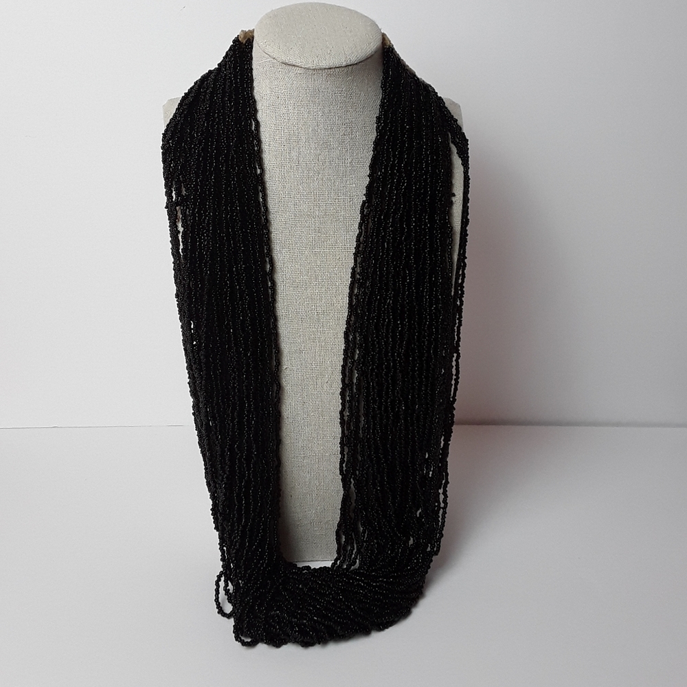 Vintage Multi-Strand Black Glass Bead Necklace